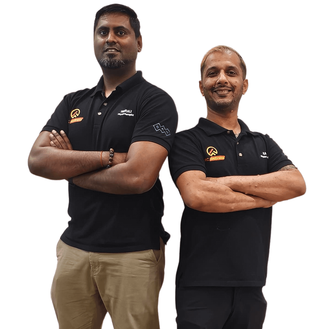 Expert physiotherapists at FFC Wellness, showcasing professional attire and confident poses, emphasizing tailored care and personalized fitness programs.