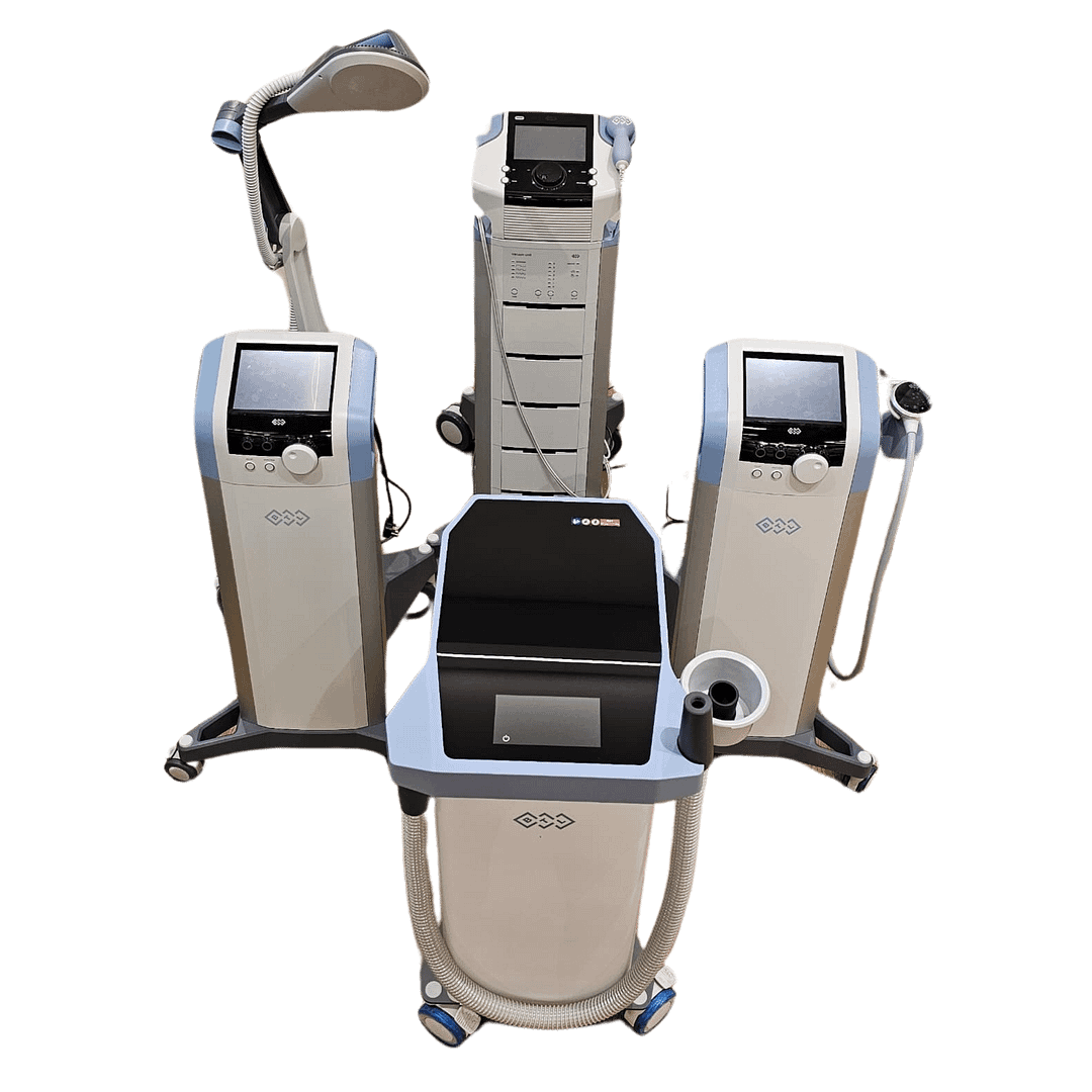 Advanced physiotherapy equipment including BTL therapy systems and robotic scanners, designed for effective pain management and rehabilitation at FFC Wellness.