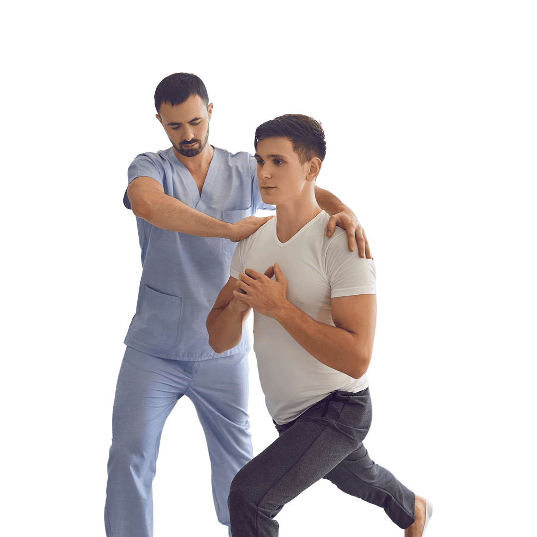 Physical therapist assisting a client with a wellness exercise, emphasizing rehabilitation and health services.