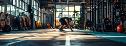 Person training in a gym, demonstrating strength and agility on a fitness journey, with weightlifting equipment and a modern workout environment in the background.