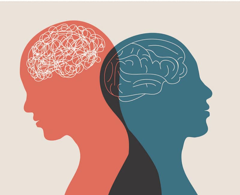 Illustration of two human profiles, one with a chaotic brain design representing negative thoughts, and the other with a calm brain design symbolizing clarity and emotional regulation, reflecting the transformative journey of Cognitive Behavioural Therapy (CBT).